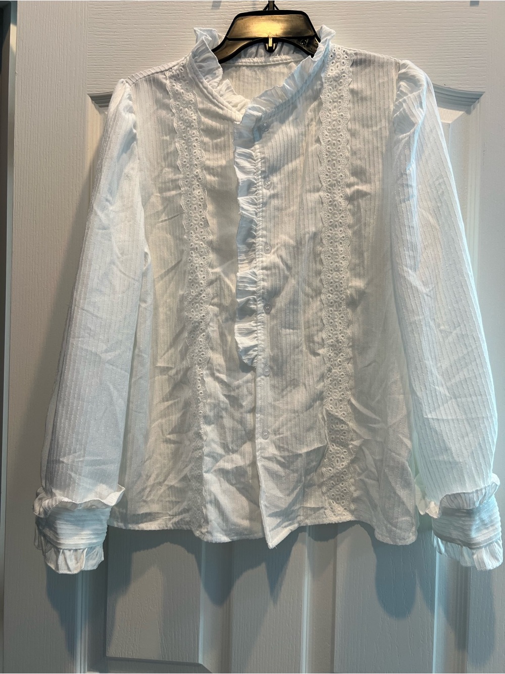 SHEIN White Ruffled Eyelet Button-Down Shirt